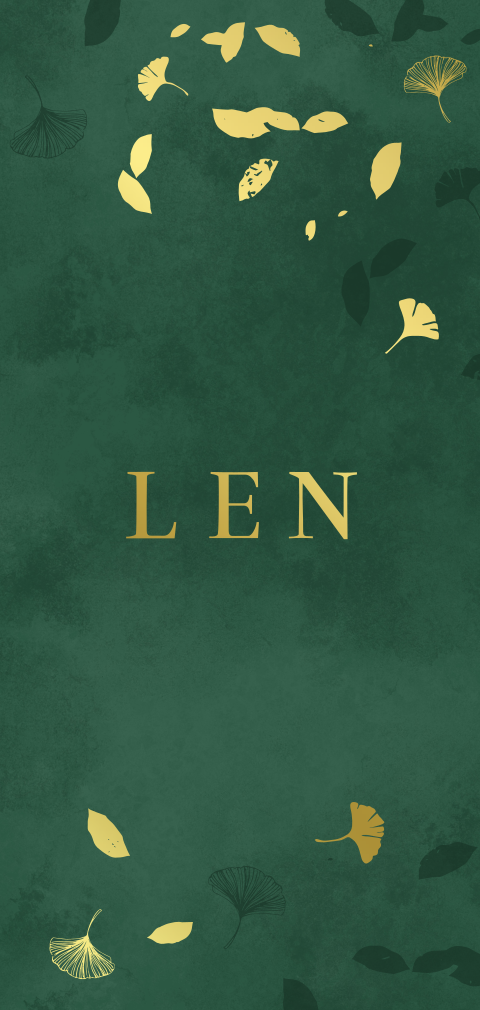 geboortekaartje jongen Len met bladeren in goudfolie